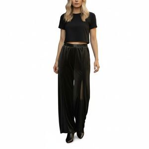 XSCAPE Joanna Chen Velvet Flare Pants Size 4 Black Chiffon Mesh Insets USA
